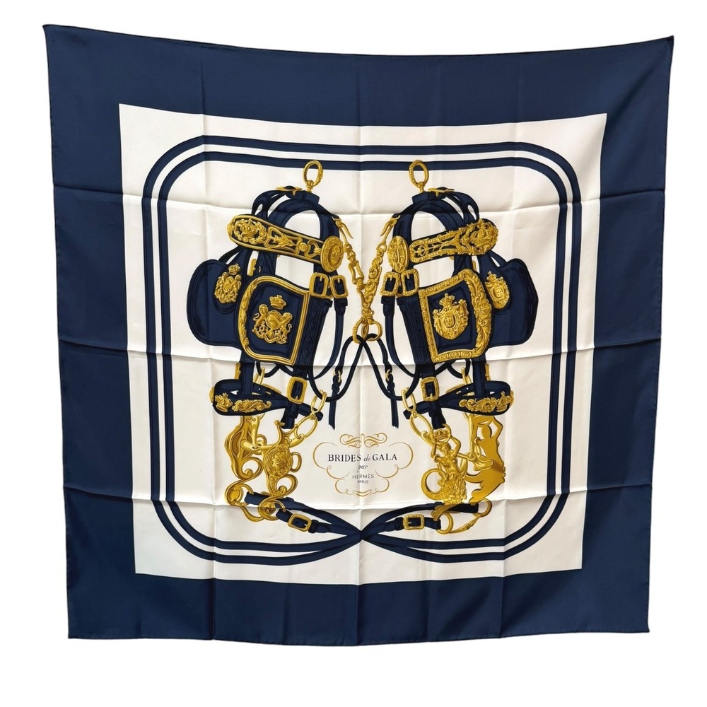 Hermès Brides de Gala Silk Scarf 35 Navy Gold Equestrian France